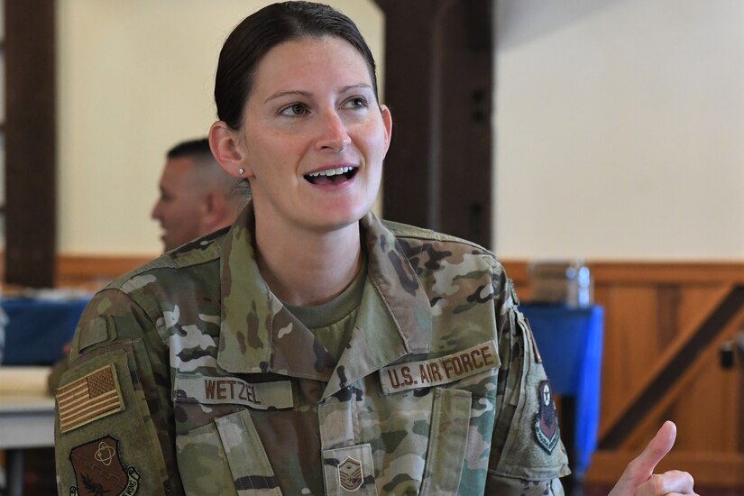 U.S. Air Force Master Sgt. Katrina Wetzel, first sergeant of the 193rd Special Operations Security Forces Squadron, shares her Air National Guard experience and gives advice to non-commissioned officers in a speed mentoring exercise during the leadership development program held at Fort Indiantown Gap, Annville, Pennsylvania September 20, 2022.
