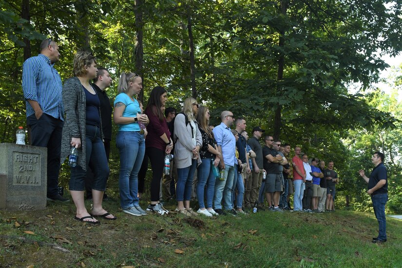 193rd Special Operations Wing Airmen line up in two rows like the 2nd Infantry from West Virginia did on July 1, 1863, the first day of the Battle of Gettysburg, during a tour given by the Army War College in Gettysburg, Pennsylvania September 19, 2022.