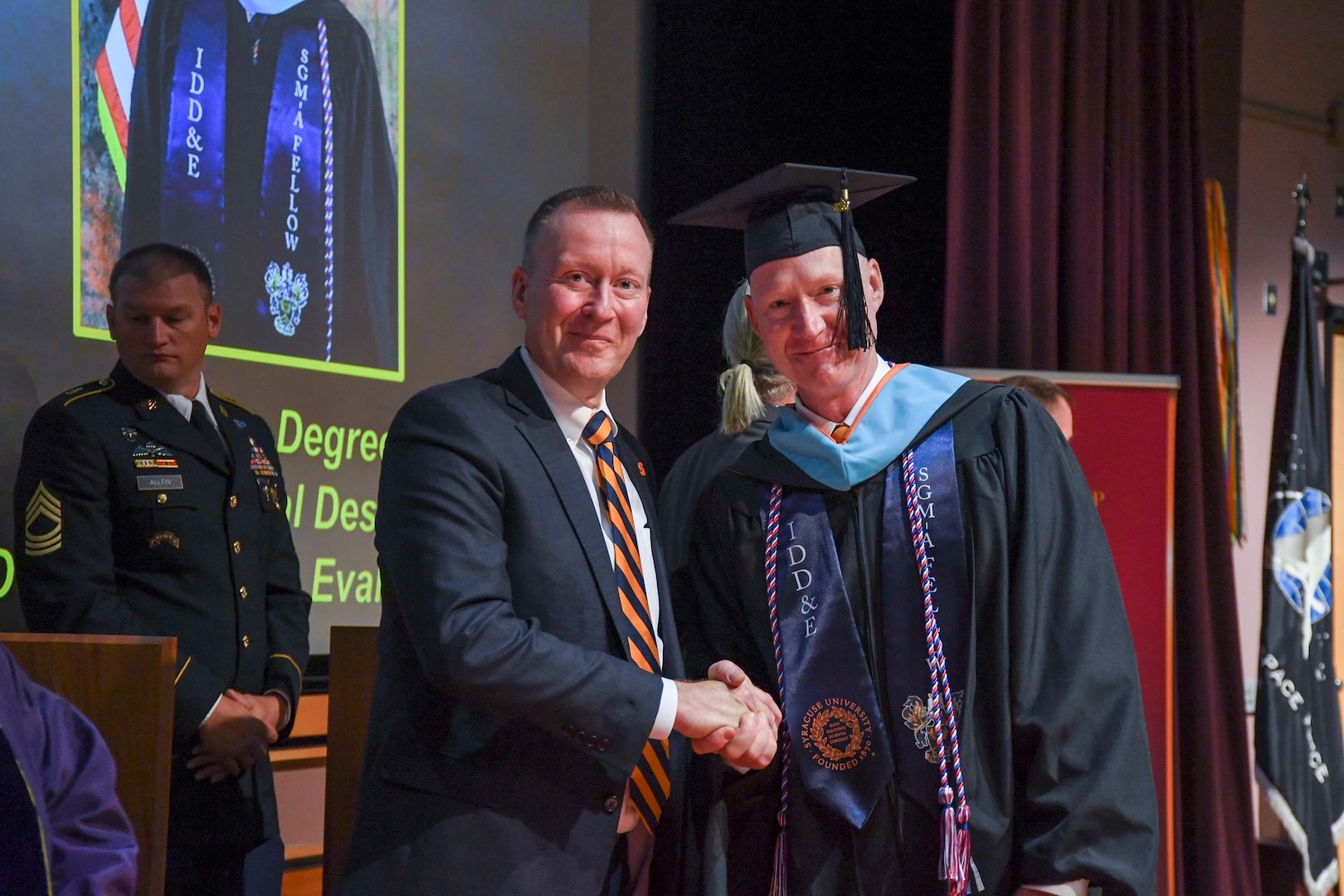 Sgt. Maj. Jon Whaley graduates with a Masters of Science degree in Instructional Design, Development and Evaluation from Syracuse University’s School of Education during a ceremony held Aug. 23, 2022, at Fort Bliss, Texas. Whaley is participating in the U.S. Army Sergeant Major Academy Fellowship Program.