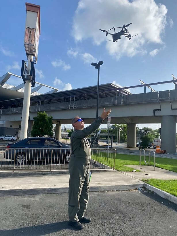 Second Lt. Dale E. Coffey, operations officer for the Missouri Wing’s Col. Travis Hoover Composite Squadron in Joplin, launches a small Unmanned Aerial System craft for a photography flight in San Juan.