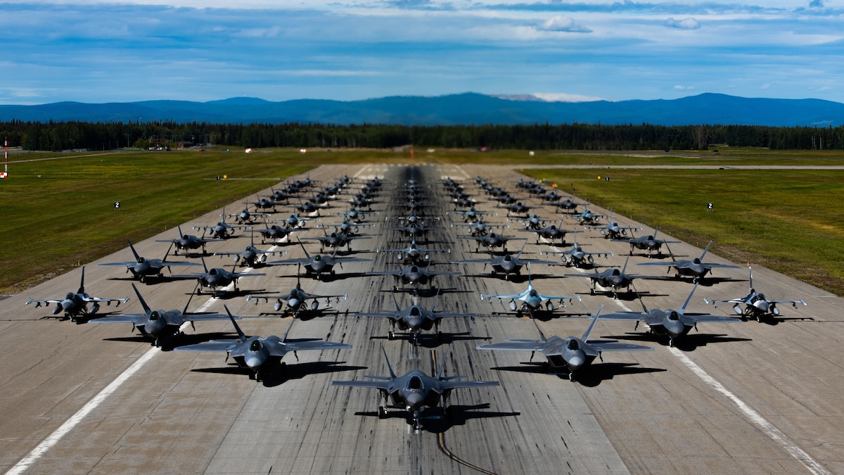 Seventy-five fighter jets line the flightline at Eielson Air Force Base for a capabilities demonstration