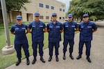 U.S. Coast Guard recruits (left to right), Madelin Germosen Santos, Pedro Reyes Rivera, Jose Nunez Planell, Fernando Rivera Perez, and Omar Perez Torres arrived at Defense Language Institute English Language Center's Echo Company Aug. 30, to be embedded with the U.S. Army trainees to being their English Language Training. The DLIELC's Language Center English Language Training for 10–24 weeks at Joint Base San Antonio-Lackland. Once they are proficient enough in English to pass the English Comprehension Level test, they will ship to Boot Camp at Cape May, N.J. (U.S. Air Force photo by Spencer Berry)