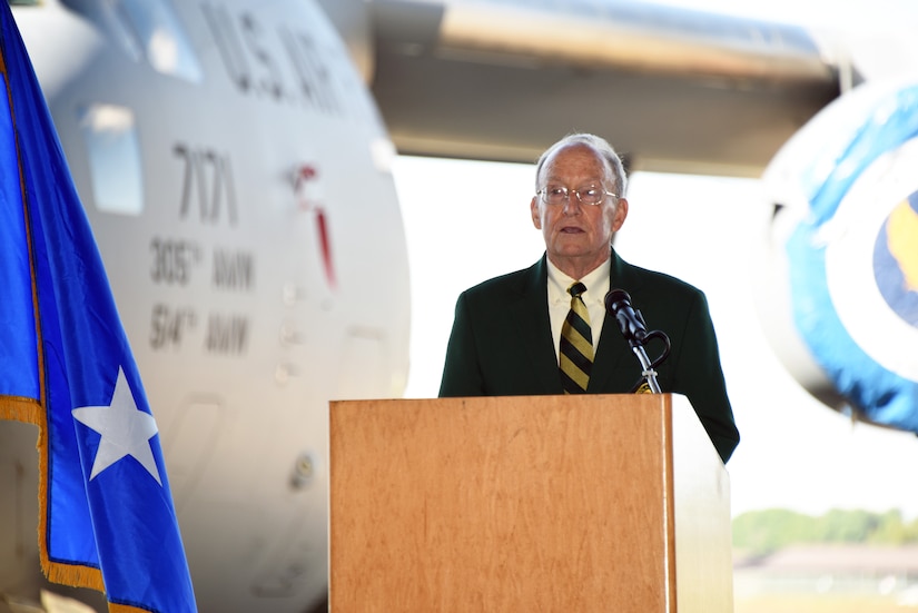 Retired Maj. Gen. Jerrold Allen, Order of the Daedalians national commander, speaks to attendees at the 305th Air Mobility Wing’s ceremony for the presentation of the Chief of Staff of the Air Force 2021 Exceptional Aviator Award ceremony on Joint Base McGuire-Dix-Lakehurst, N.J., Sept. 26, 2022. The CSAF 2021 Exceptional Aviator Award was presented to U.S. Air Force Lt. Col. Eric Kut, 6th Airlift Squadron Chief of Group Standards and Evaluations, by the Order of the Daedalians for his actions as the aircraft commander of the REACH871 mission. This mission resulted in the ground evacuation of 823 Afghan civilians from Kabul while under enemy fire and allowed the Air Mobility Command commander to waive C-17 floor-load restrictions from 300 to 450 passengers, facilitating the evacuation of 124,000 personnel during the Air Force’s largest non-combatant evacuation operation in history. (U.S. Air Force photo by Daniel Barney)
