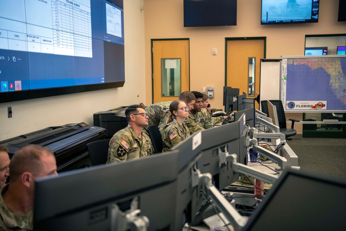 Soldiers sit behind a row of computer screens.
