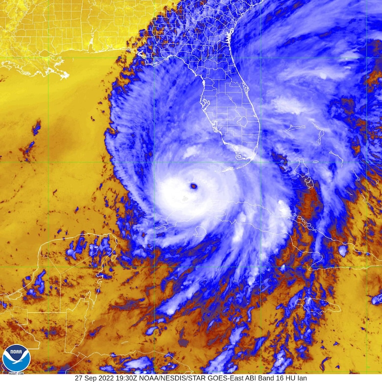 A satellite photo shows a hurricane near Florida.