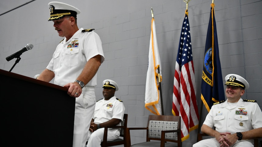 NAVAL STATION MAYPORT, Fla. (Sept. 23, 2022) Cmdr. Carl Brobst, Surface Combat Systems Training Command (SCSTC) Detachment Southeast’s officer in charge, delivers remarks during a change of charge ceremony onboard Naval Station Mayport, Sept. 23. (U.S. Navy photo by Operations Specialist 1st Class Samuel Lopez)