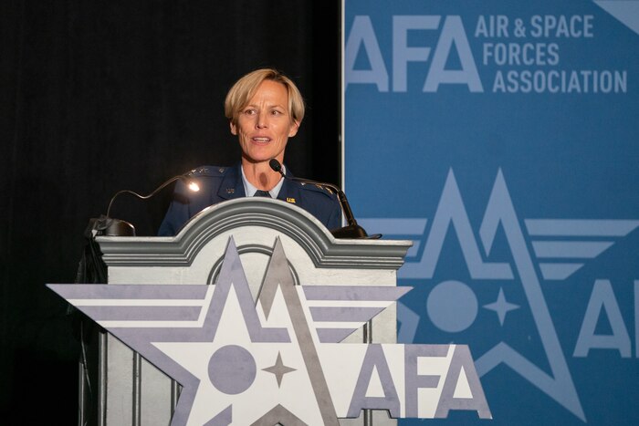 Air Force Research Laboratory Commander Maj. Gen. Heather Pringle moderates a future of propulsion panel Sept. 21, 2022, during the Air and Space Force Association’s, Air, Space and Cyber Conference at the Gaylord National Resort and Convention Center in National Harbor, Maryland. The panel included Director of AFRL’s Aerospace Systems Directorate, Dr. Michael Gregg; Chief of AFRL’s Rocket Propulsion Division, Dr. Shawn Phillips; and the Director of Air Force Life Cycle Management Center’s Propulsion Directorate, John Sneden. (U.S. Air Force photo / Cherie Cullen)