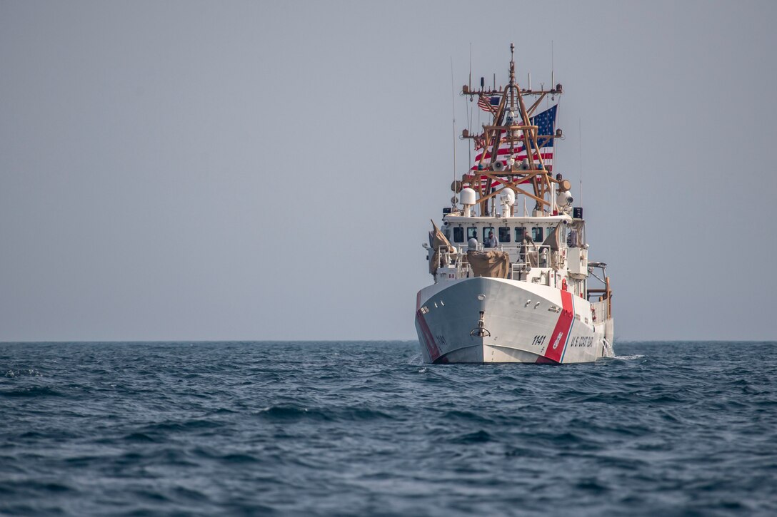 220626-N-NS602-1317 ARABIAN GULF (June 26, 2022) U.S. Coast Guard cutter USCGC Charles Moulthrope (WPC 1141) sails in the Arabian Gulf, June 26. U.S. naval forces regularly operate across the Middle East region to help ensure security and stability.