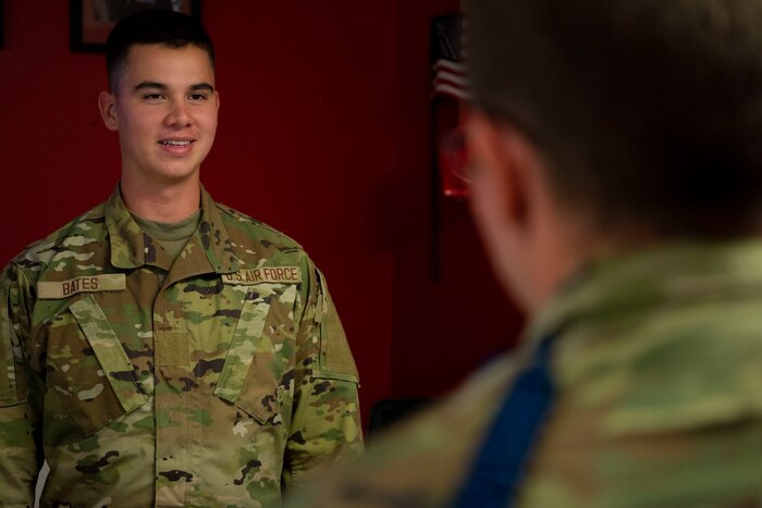 U.S. Air Force Airman Paul Bates, 312th Training Squadron student, speaks with his Military Training Leader about developing a safety protocol, Goodfellow Air Force Base, Texas, Sept. 14, 2022. MTLs are responsible for ensuring every non-prior-service Airman is provided the direction, resources, and mentorship to thrive when learning their role in the profession of arms. (U.S. Air Force photo by Senior Airman Michael Bowman)