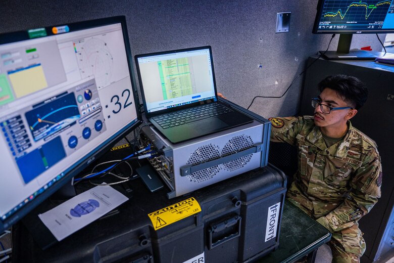 U.S. Air Force Airman 1st Class Mendoza, 216th Space Control Squadron space systems operator, utilizes a ‘Honey Badger System’ during BLACK SKIES 22