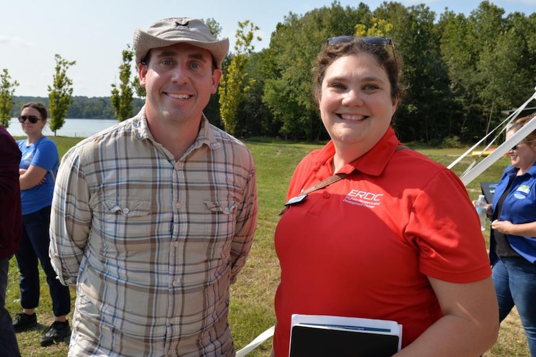 Drs. Martin Page and Jen Seiter-Moser attend a harmful algal bloom removal technology demonstration at a lake in Ohio.