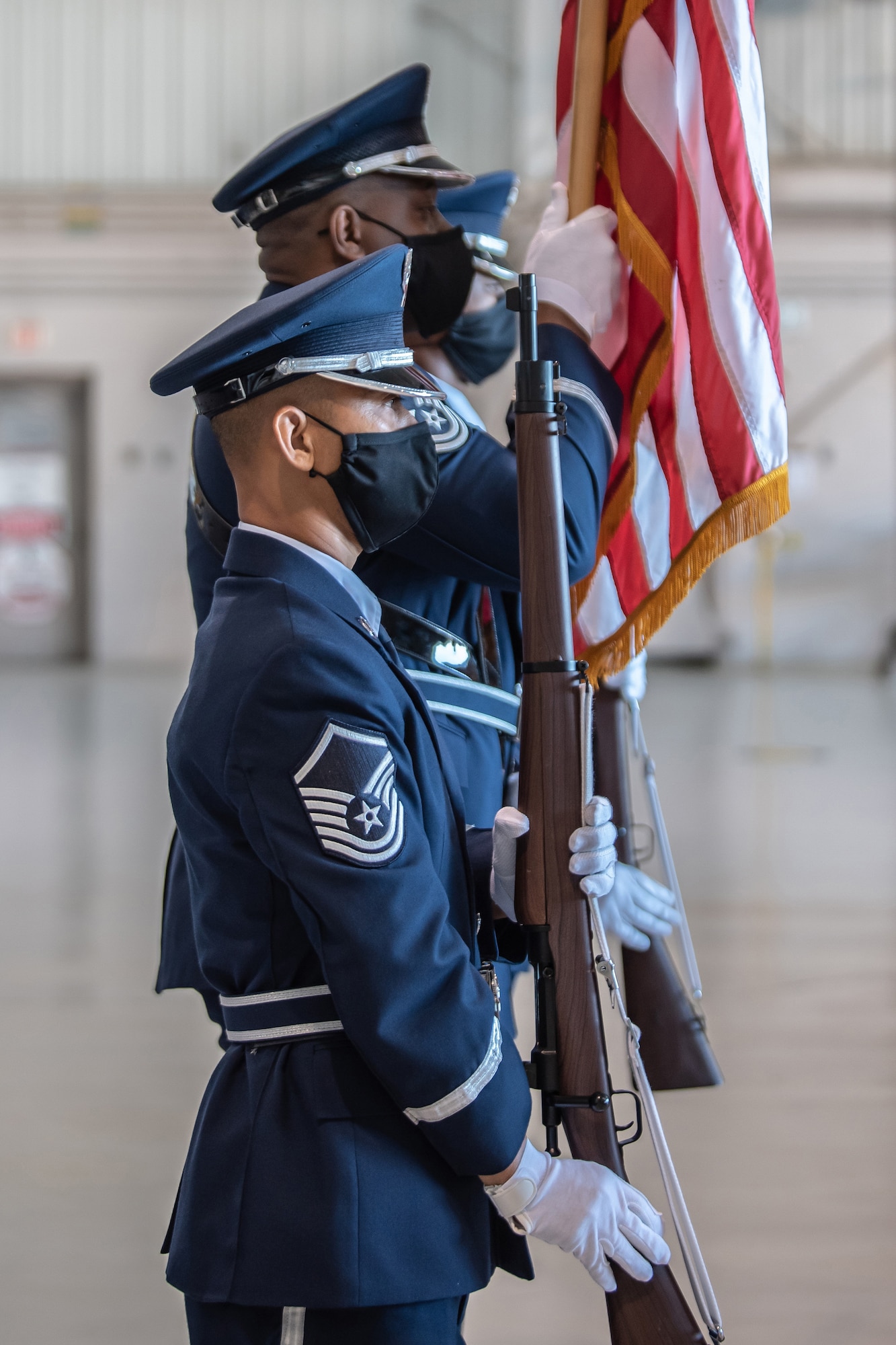 Members of the 123rd Airlift Wing Honor Guard present the colors during a retirement ceremony for Brig. Gen. Jeffery L. Wilkinson at the Kentucky Air National Guard Base in Louisville, Ky., Aug. 13, 2022. Wilkinson, outgoing assistant adjutant general for Air, served the Air Force and Air National Guard for more than 28 years. (U.S. Air National Guard photo by Staff Sgt. Chloe Ochs)