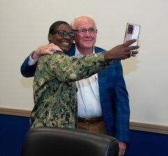 NEWPORT, R.I. (Sept. 20, 2022) Retired U.S. Navy Cmdr. George Easley, first director of the Senior Enlisted Academy (SEA), right, poses for a photo with Master Chief Information Systems Technician Tiffany Laitola, faculty advisor, SEA, after his interview with Naval History and Heritage Command (NHHC) historians, Sept. 20, 2022. NHHC strives to preserve and present an accurate history by locating, collecting, and preserving documents, artifacts, photos, oral histories, and art that best represent the history of the U.S. Navy. (U.S. Navy photo by Mass Communication Specialist 2nd Class Derien C. Luce)