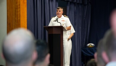 NEWPORT, R.I. (Sept. 22, 2022) Capt. Brian Mutty, commanding officer, Surface Warfare Schools Command (SWSC), delivers a speech during the SWSC Department Head Class 268 graduation ceremony at Naval Station Newport, Sept. 22, 2022. The SWSC Department Head Course is the cornerstone of a surface warfare officer's tactical education in their naval career. The graduates will take the knowledge back to the fleet, where they will teach the next generation of surface warfare leaders. These career naval professionals are part of a long tradition of 60 years of excellence at SWSC, previously known as Surface Warfare Officers School Command, as the Navy continues to build, maintain, train, and equip a combat-credible, dominant naval force to keep the sea lanes open and free, deter conflict, and when called upon, decisively win the nation’s wars. (U.S. Navy photo by Mass Communication Specialist 2nd Class Derien C. Luce)