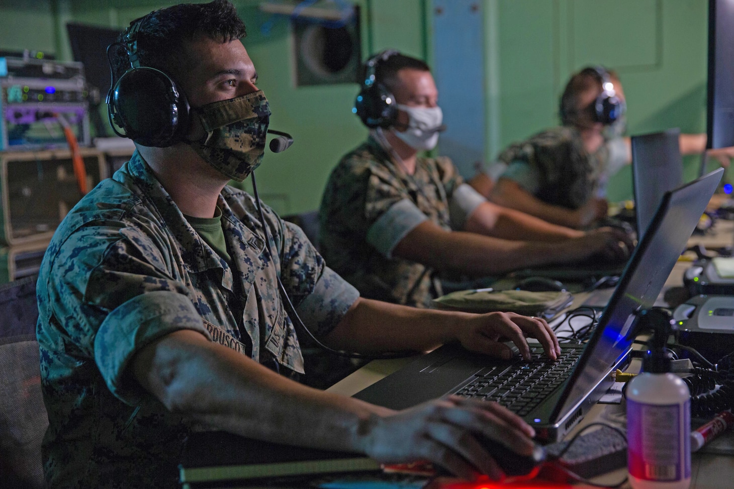 U.S. Marines with Marine Air Control Squadron 2 monitor simulated aircraft communications during exercise MISTEX-20 at Marine Corps Air Station Cherry Point, North Carolina, July 28, 2020. During the exercise, Marines practiced setting up communication between squadrons in Marine Air Control Group 28 while also exercising aircraft control skills necessary for successful combat flights in an expeditionary setting.
