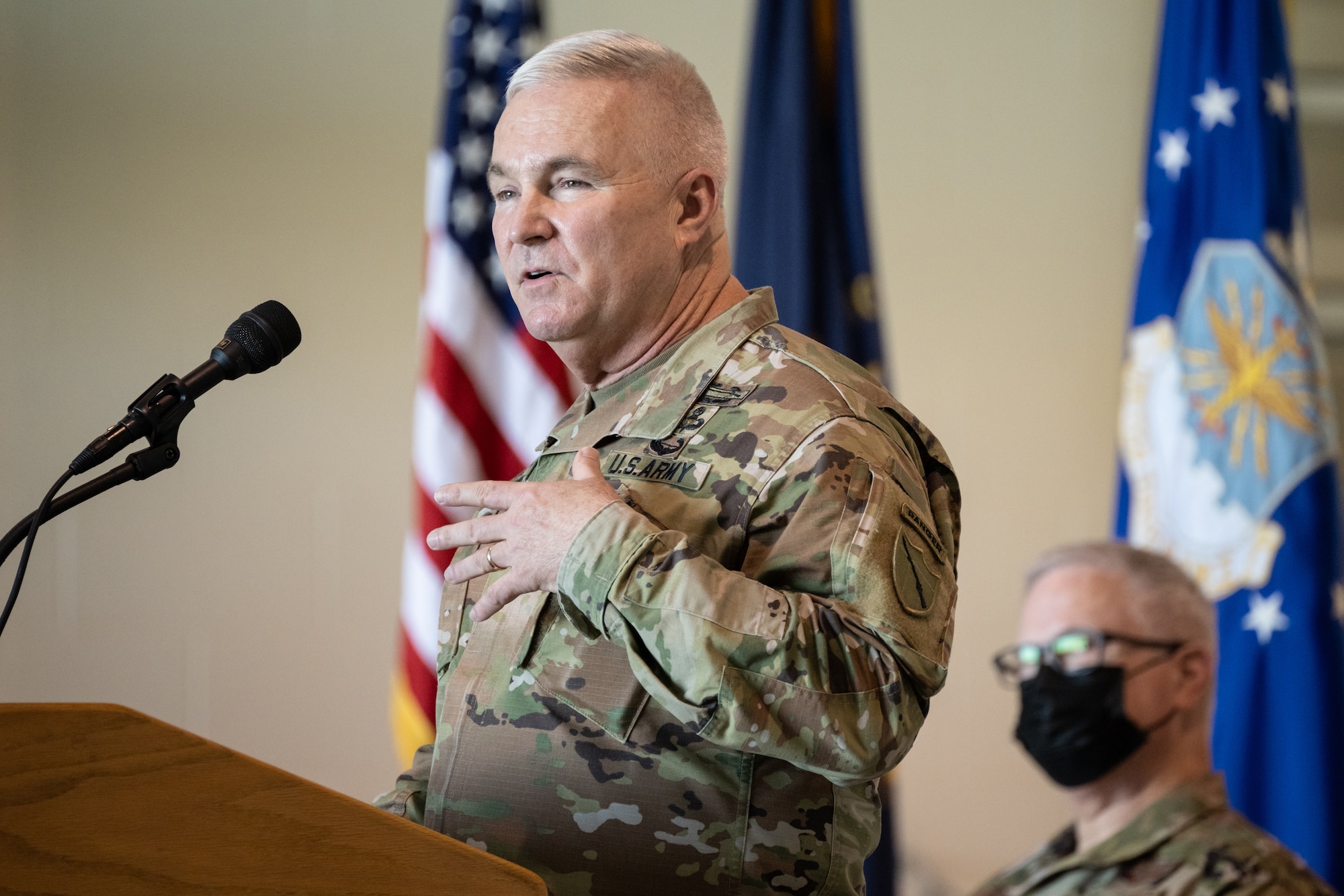 Army Maj. Gen. Haldane B. Lamberton, adjutant general of the Commonwealth of Kentucky, speaks to audience members during a change-of-command ceremony at the Kentucky Air National Guard Base in Louisville, Ky., Aug. 13, 2022, as Brig. Gen. David J. Mounkes looks on. Mounkes assumed command of the Kentucky Air Guard at the event, taking on the role of assistant adjutant general for Air from Brig. Gen. Jeffrey L. Wilkinson, who is retiring. (U.S. Air National Guard photo by Dale Greer)
