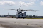U.S. Marines with Marine Heavy Helicopter Squadron (HMH) 461 taxi in a CH-53K King Stallion after its first operational flight at Marine Corps Air Station New River, North Carolina, April 13, 2022. The flight signified the beginning of HMH-461's modernization from the CH-53E Super Stallion to the CH-53K King Stallion. HMH-461 is a subordinate unit of 2nd Marine Aircraft Wing, the aviation combat element of II Marine Expeditionary Force.