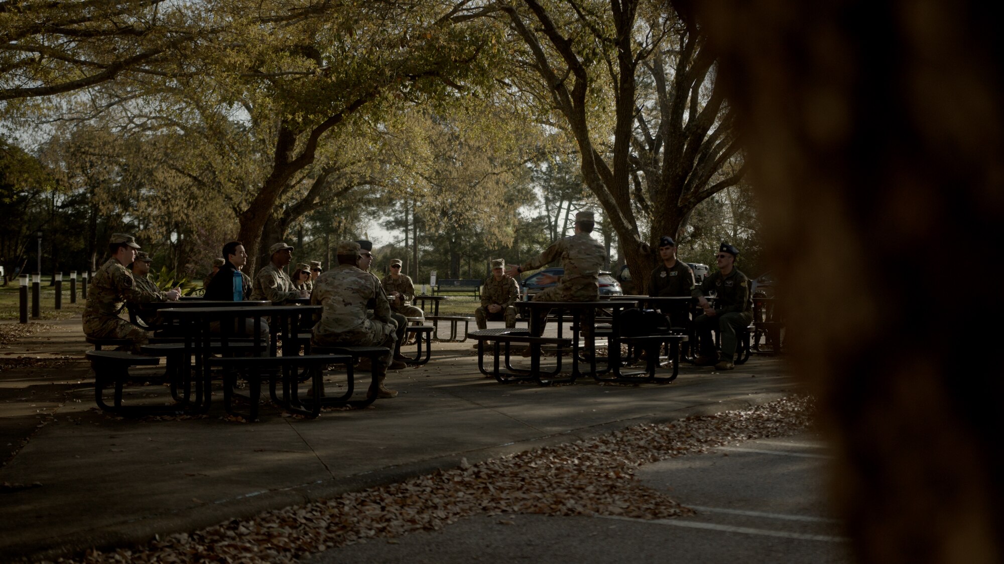 Squadron Officer School students take their lesson outside during their course.  SOS is a 5-week course at Maxwell Air Force Base, Alabama. (U.S. Air Force photo by Mr. Billy Blankenship)