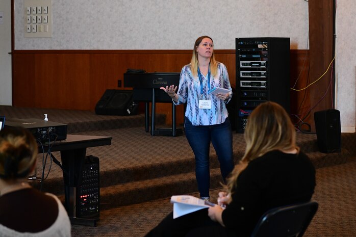 Tech. Sgt. Laura Gutierrez, Applied Suicide Intervention Skills Training (ASIST) instructor, teaches the ASIST program held in the base chapel at Beale Air Force Base, Calif. on Sept. 22, 2022