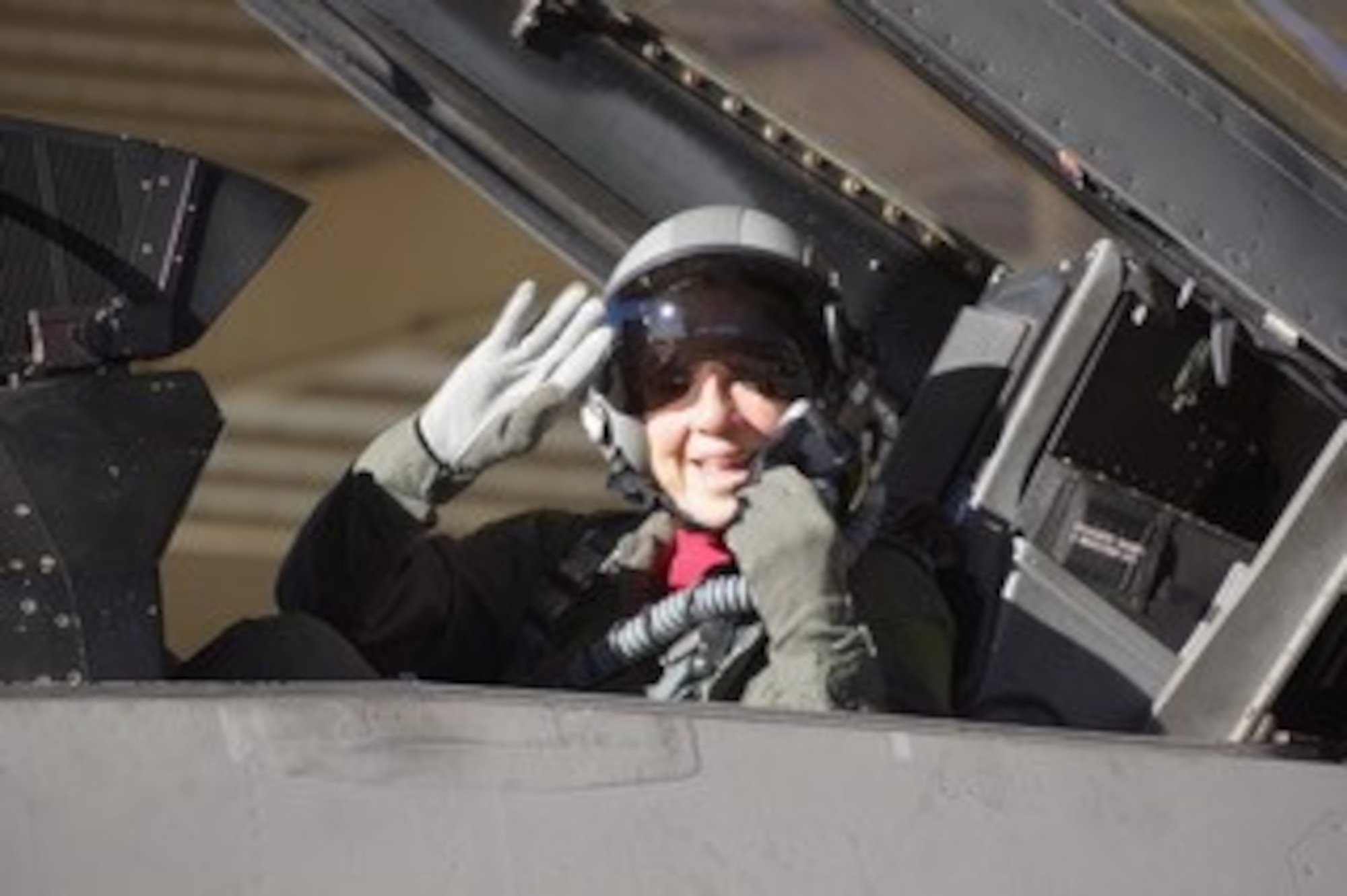 Jill Kimmerle, an honorary commander with the 56th Fighter Wing, departs an F-16 Fighting Falcon after her flight, Jan. 26, 2022, at Luke Air Force Base, Arizona.