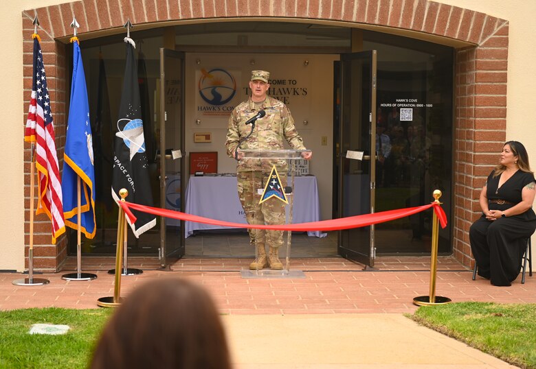 Col. Robert Long, Space Launch Delta 30 commander greets the distinguished guests at the grand opening of the Hawk’s Cove Integrated Resilience Operation Center at Vandenberg Space Force Base, Calif., Sept. 27, 2022. (U.S. Space Force photo by Airman 1st Class Tiarra Sibley)