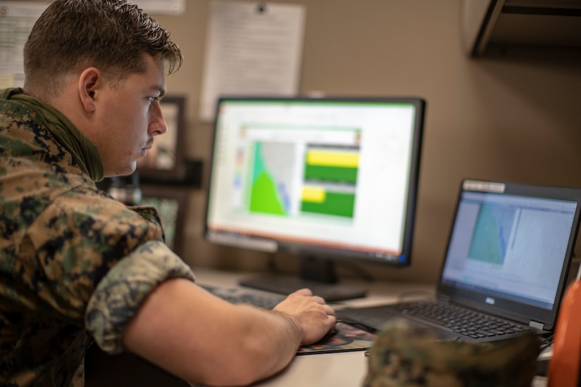 A man looks at a computer screen.