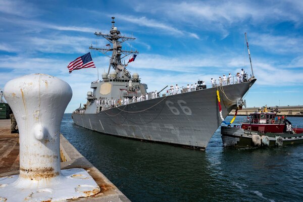 NORFOLK (Sept. 28, 2022) The Arleigh Burke-class destroyer USS Gonzalez (DDG 66) returns to Naval Station Norfolk after a regularly scheduled deployment in the U.S. 5th Fleet and U.S. 6th Fleet areas of operations, Sept. 28. Gonzelez  was deployed as part of the Harry S. Truman Carrier Strike Group in support of theater security cooperation efforts and to defend U.S., allied and partner interests. (U.S. Navy photo by Mass Communication Specialist 2nd Class Nathan T. Beard)