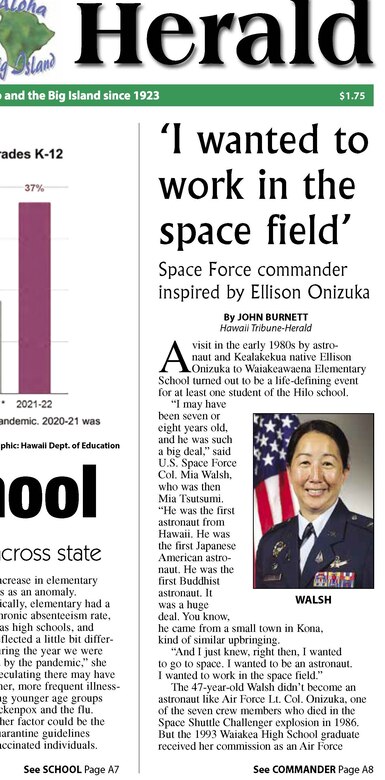Col. Mia Walsh, SBD 3 Commander, was featured in an article by John Burnett at the Hawaii Tribune, to discuss how her military career started, growing up in Hawaii and her experiences in the U.S. Space Force.