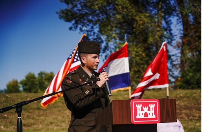 Col. Travis Rayfield, U.S. Army Corps of Engineers, Kansas City District commander, speaks during a Feasibility Cost Share Agreement signing ceremony for a feasibility study on the Brunswick / Left Bank, River Mile 246 area of the BLANK while surrounded by partners on Sept. 28, 2022, in Brunswick, Missouri. Photo by Ben Nickelson, Missouri Department of Natural Resources.
