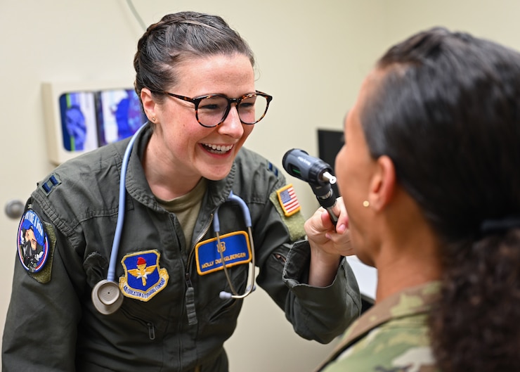 U.S. Air Force Capt. Molly Dunkelberger, 17th Medical Group aerospace nurse practitioner, performs a checkup on a patient at Ross Clinic, Goodfellow Air Force Base, Texas June 28, 2022. Dunkelberger is one of the eight aerospace nurse practitioners throughout the Air Force’s brand-new career field. (U.S. Air Force photo by 2nd Lt. Steve Garrett)