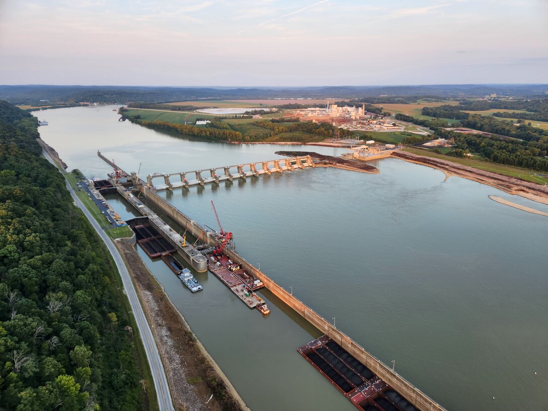 The sun sets as work continues at Cannelton Locks and Dam on the Ohio River in Cannelton, Indiana.

The 1200-foot primary chamber at Cannelton Locks and Dam is temporary closed to allow the Regional Rivers Repair Fleet’s heavy capacity fleet to replace the miter gates and related equipment on each end of the chamber to increase reliability and efficiency on the inland waterways system.
(📸 USACE photo by Gary Grunwald)