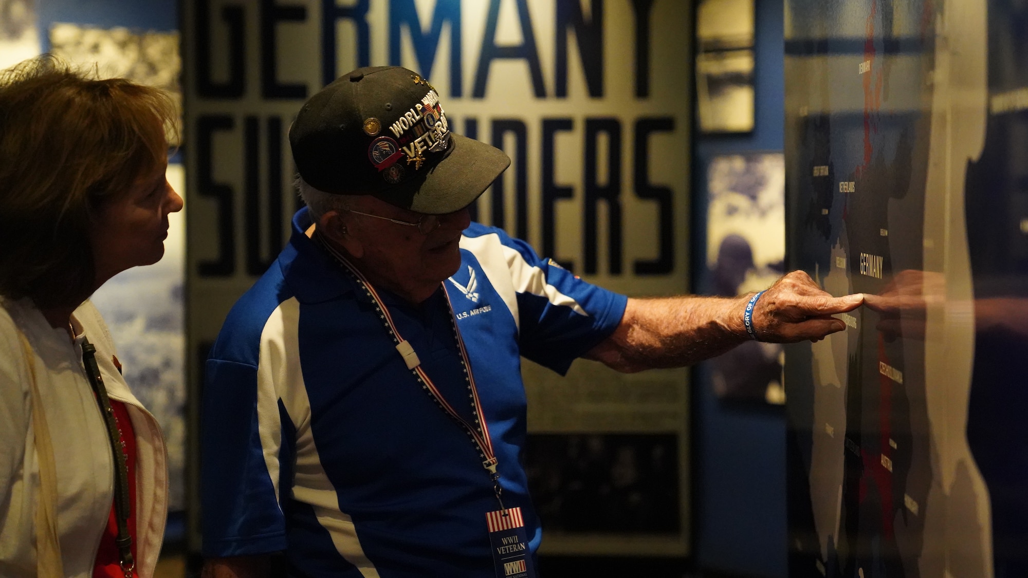 Retired U.S. Army Air Forces Chief Master Sgt. Mel Jenner, 452nd Bomber Group radio operator, traces his old flight path at the National World War II Museum, New Orleans, Louisiana, Sept. 14, 2022.  Jenner flew 25 missions in the Berlin Airlift. He began his 26 year military career by training as a radio operator at what was then known as Keesler Army Airfield. (U.S. Air Force photo by Airman 1st Class Elizabeth Davis)