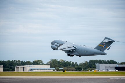 A C-17 takes off from Joint Base Charleston.