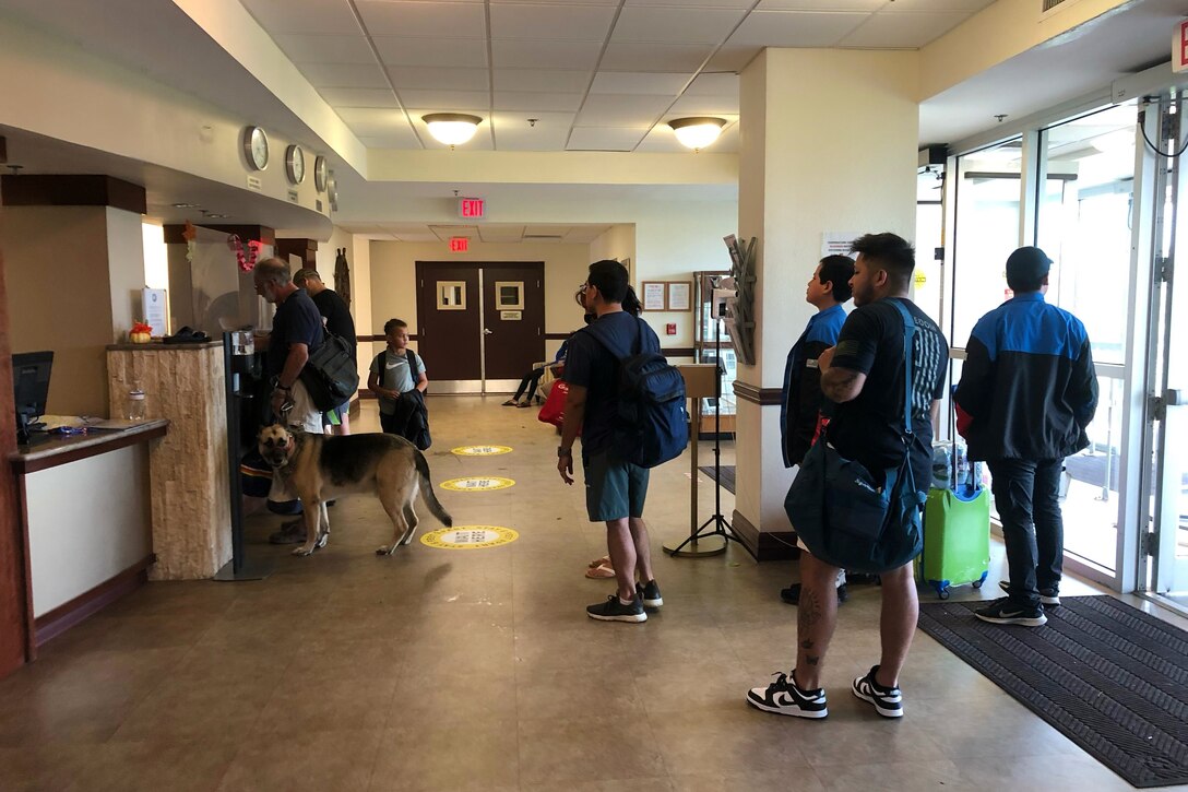 A group of people and a dog check in at a hotel counter.