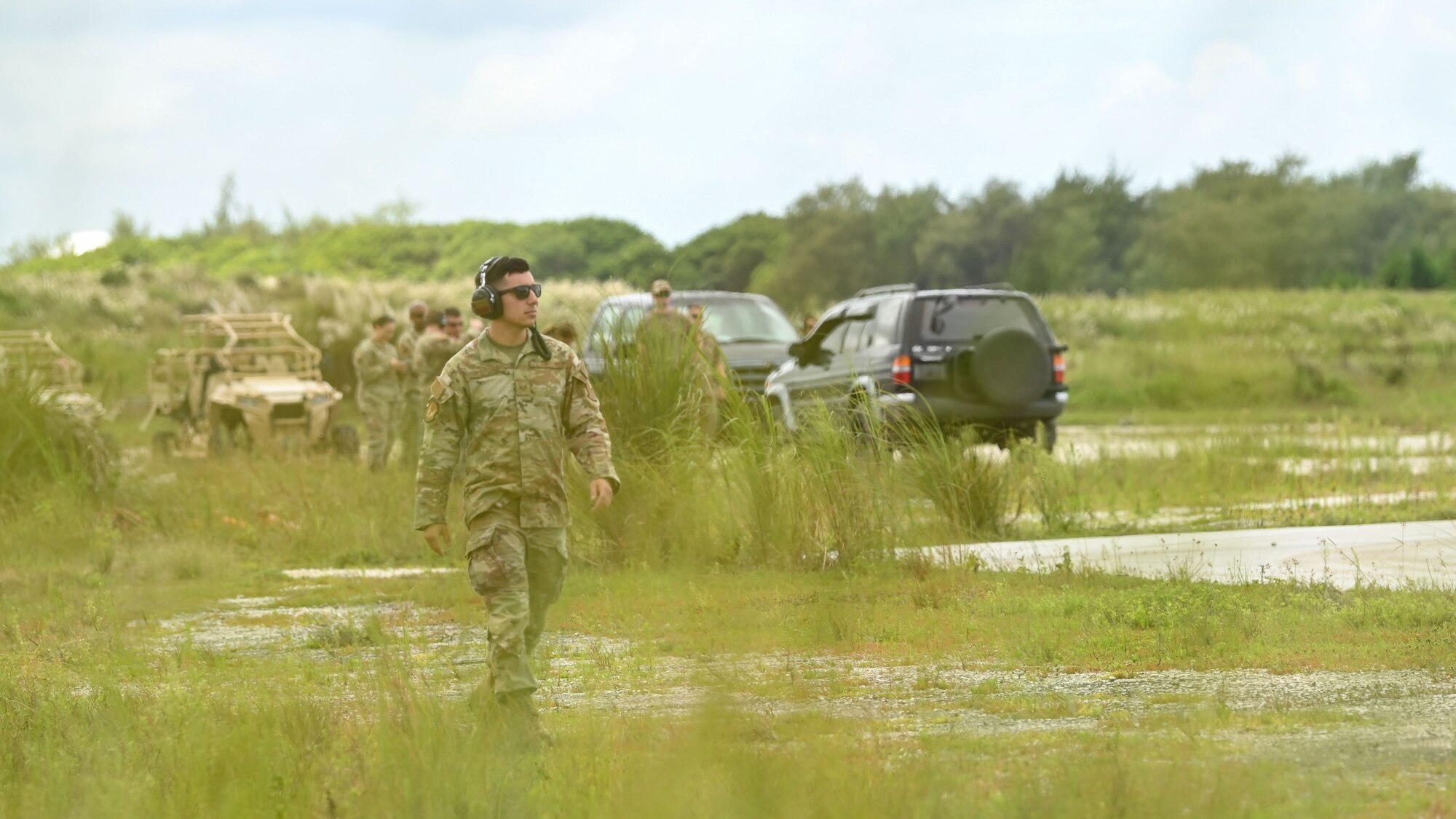 U.S. Staff Sgt. Jacob Zertuche, an aircraft maintenance supervisor from the 36th Contingency Response Squadron, participates in Exercise GOLDEN BEE on Northwest Field at Andersen Air Force Base, Guam, Sept. 26, 2022. Exercise GOLDEN BEE is a joint readiness exercise designed to provide training integration and rehearse strategic and operational objectives in support of Agile Combat Employment initiatives in the Indo-Pacific area of responsibility. (U.S. Air Force photo by Staff Sgt. Aubree Owens)