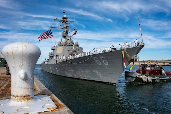 NORFOLK (Sept. 28, 2022) The Arleigh Burke-class destroyer USS Gonzalez (DDG 66) returns to Naval Station Norfolk after a regularly scheduled deployment in the U.S. 5th Fleet and U.S. 6th Fleet areas of operations, Sept. 28. Gonzelez  was deployed as part of the Harry S. Truman Carrier Strike Group in support of theater security cooperation efforts and to defend U.S., allied and partner interests. (U.S. Navy photo by Mass Communication Specialist 2nd Class Nathan T. Beard)