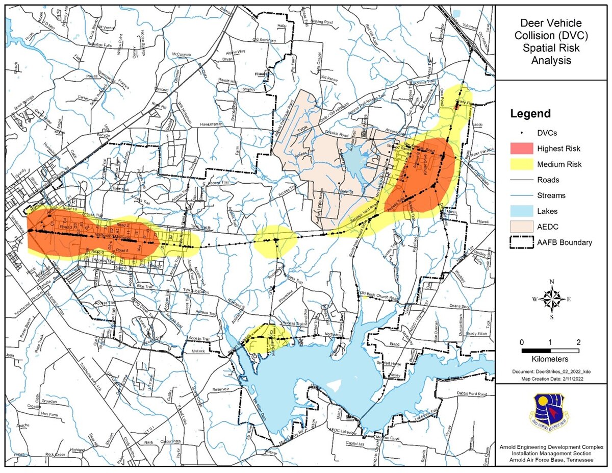 Motorists traveling on and around Arnold Air Force Base should always assume they are driving through deer habitat but, based on the geospatial probability analysis represented in this map, there appear to be areas at Arnold where deer-vehicle collisions are more concentrated and pose a higher risk. (Graphic contributed)