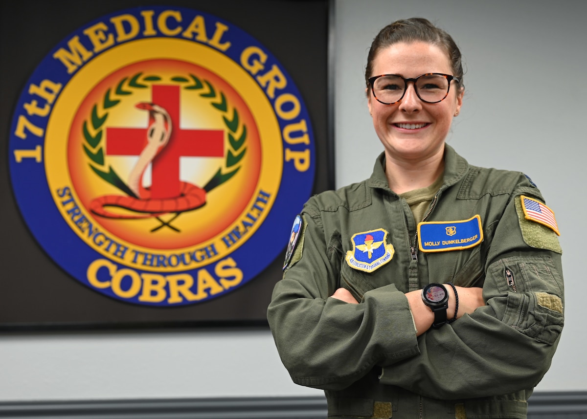 U.S. Air Force Capt. Molly Dunkelberger, 17th Medical Group aerospace nurse practitioner, poses inside of Ross Clinic at Goodfellow Air Force Base, Texas June 28, 2022. Aerospace nurse practitioner is a brand-new career field in the Air Force to fill the growing gap of flight surgeons. (U.S. Air Force photo by 2nd Lt. Steve Garrett)