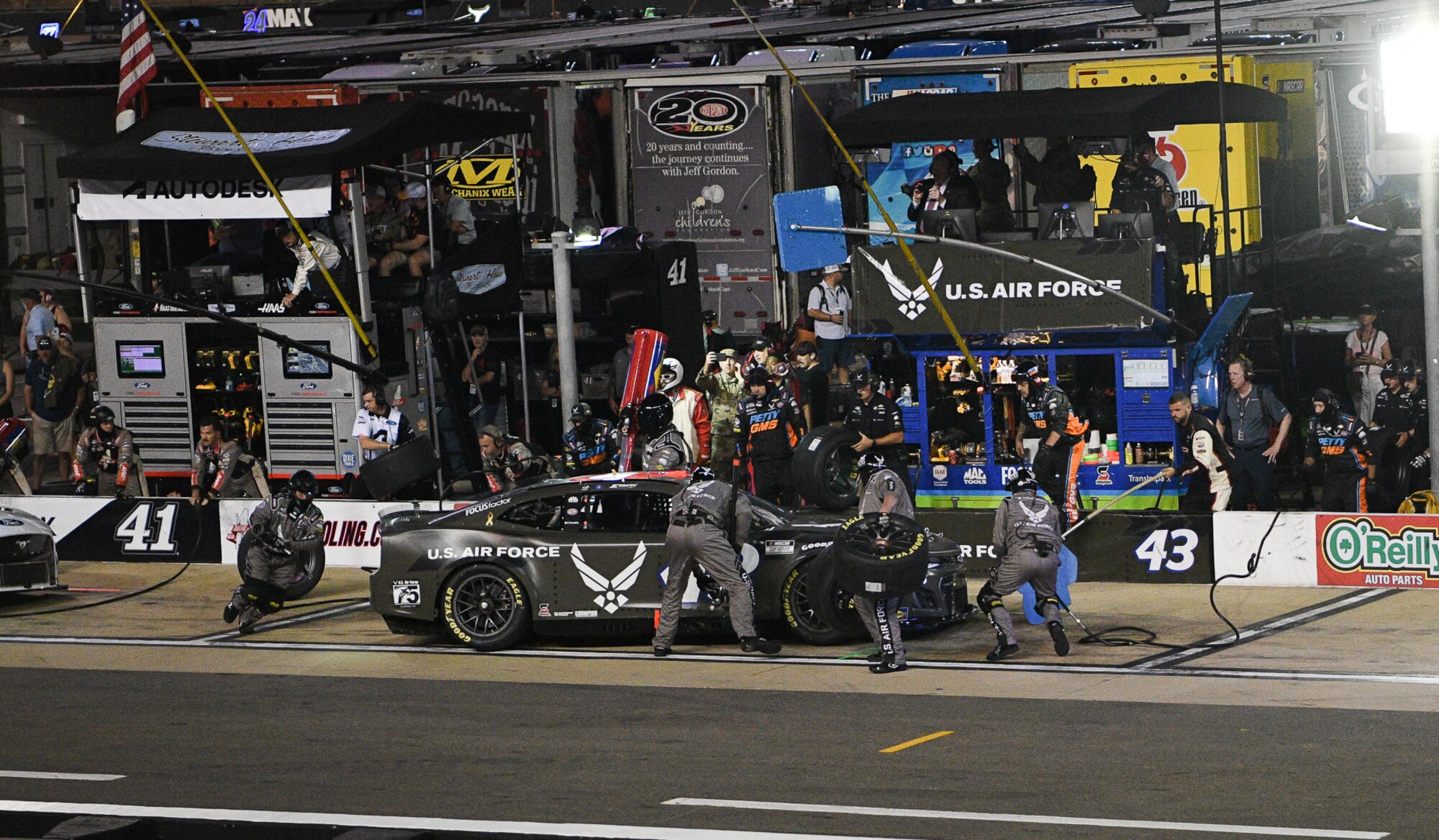 A race car makes a pit stop.