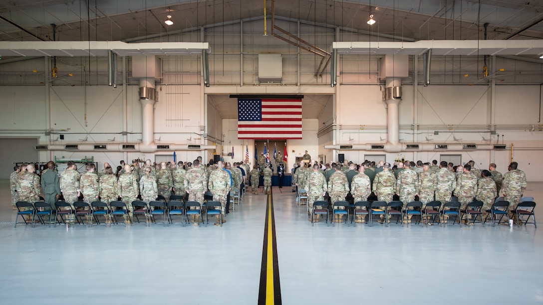 Hundreds of Airmen, colleagues and family members attend a promotion and change-of-command ceremony at the Kentucky Air National Guard Base in Louisville, Ky., Aug. 13, 2022. Brig. Gen. David J. Mounkes assumed command of the Kentucky Air Guard at the event, taking on the role of assistant adjutant general for Air from Brig. Gen. Jeffrey L. Wilkinson, who is retiring. (U.S. Air National Guard photo by Dale Greer)