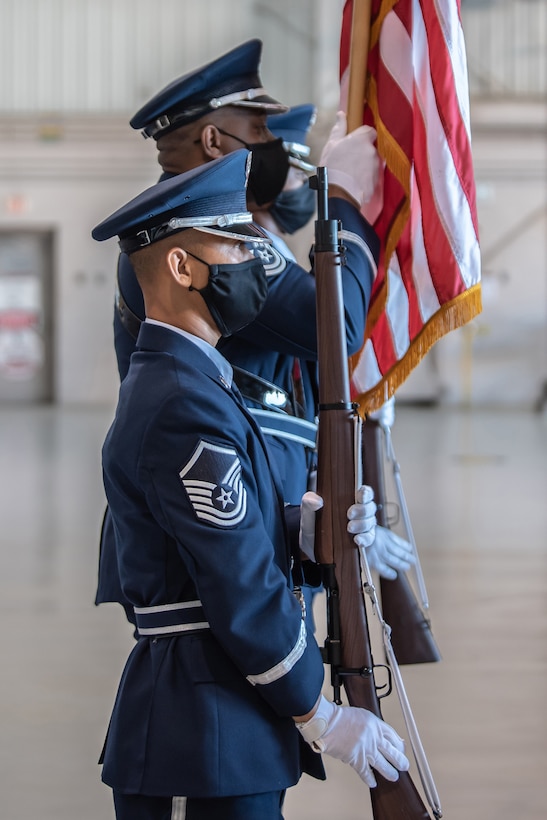 Members of the 123rd Airlift Wing Honor Guard present the colors during a retirement ceremony for Brig. Gen. Jeffery L. Wilkinson at the Kentucky Air National Guard Base in Louisville, Ky., Aug. 13, 2022. Wilkinson, outgoing assistant adjutant general for Air, served the Air Force and Air National Guard for more than 28 years. (U.S. Air National Guard photo by Staff Sgt. Chloe Ochs)