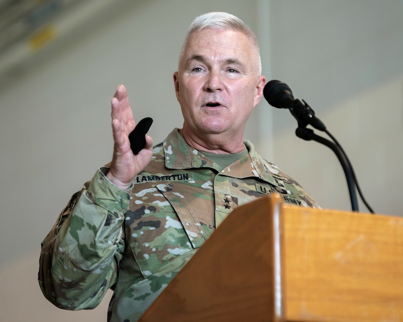 Army Maj. Gen. Haldane B. Lamberton, adjutant general of the Commonwealth of Kentucky, speaks to audience members during a retirement ceremony at the Kentucky Air National Guard Base in Louisville, Ky., Aug. 13, 2022, for Brig. Gen. Jeffrey L. Wilkinson, outgoing assistant adjutant general for Air. A career special tactics officer, Wilkinson served the Air Force and Air National Guard for more than 28 years. (U.S. Air National Guard photo by Staff Sgt. Chloe Ochs)