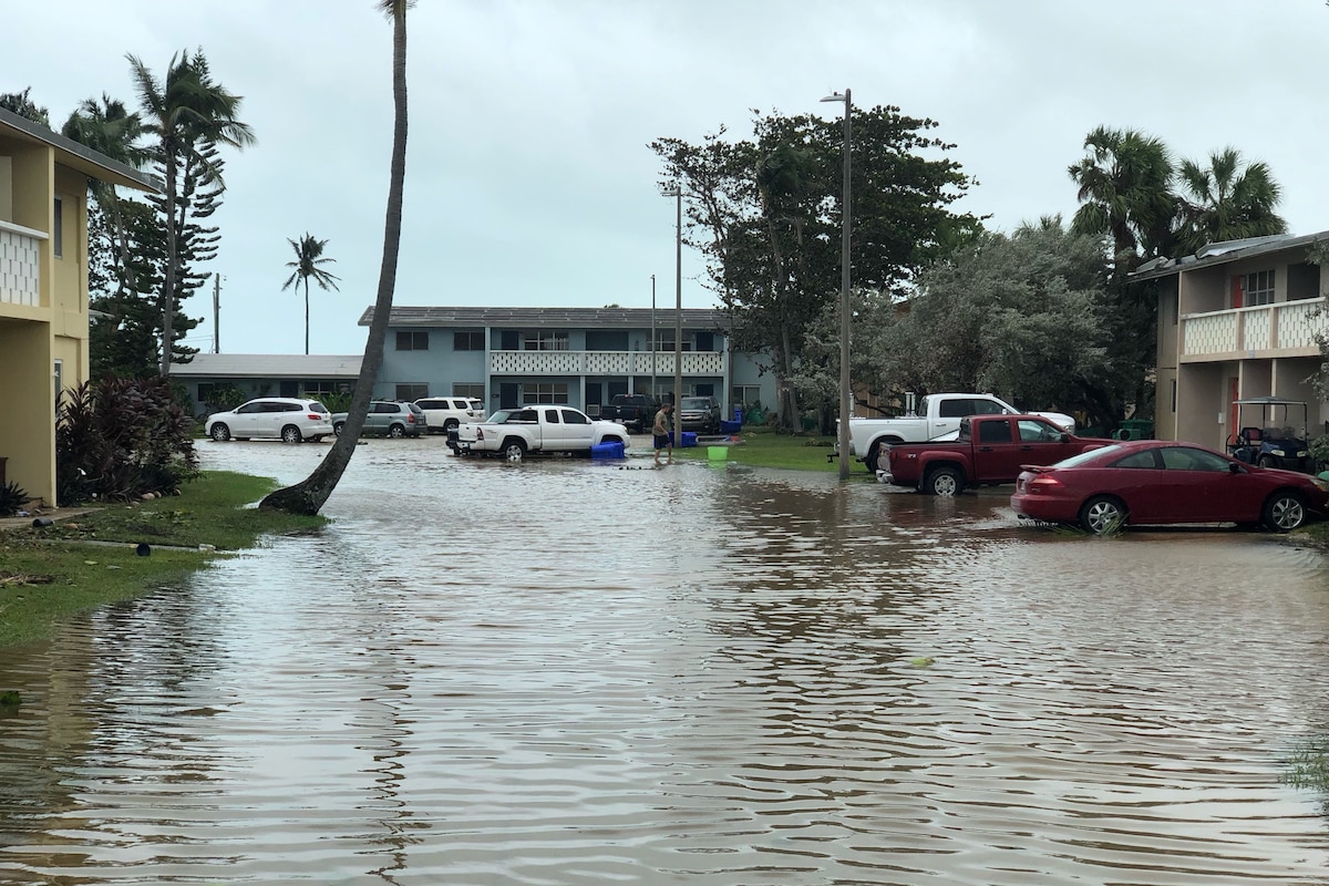 View of flooding outside buildings.