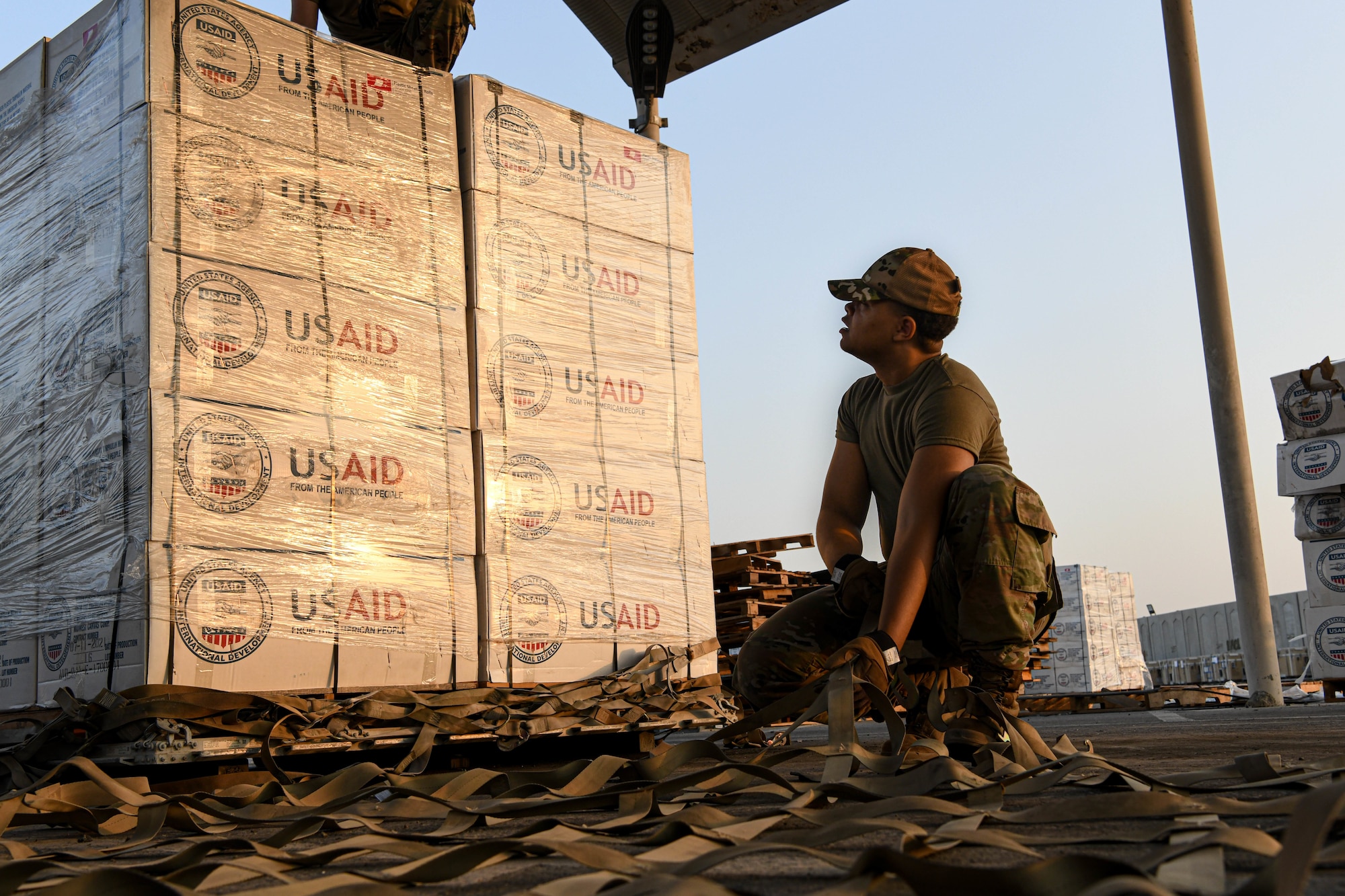 The 380th Expeditionary Logistics Readiness Squadron prepared and palletized more than 1.4 million pounds of humanitarian relief cargo, provided by the U.S. Agency for International Development, September 8-12, 2022 at Al Dhafra Air Base, United Arab Emirates. More than 40 Airmen from across the 380th ELRS pitched in to prepare palletized cargo for 14 individual C-17 Globemaster sorties to Pakistan, some flights holding as much as 90,000 pounds. Relief items included kitchen sets, shelter building kits, tarps and plastic sheeting.