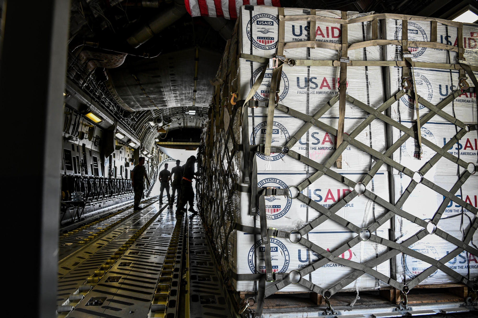 The 380th Expeditionary Logistics Readiness Squadron prepared and palletized more than 1.4 million pounds of humanitarian relief cargo, provided by the U.S. Agency for International Development, September 8-12, 2022 at Al Dhafra Air Base, United Arab Emirates. More than 40 Airmen from across the 380th ELRS pitched in to prepare palletized cargo for 14 individual C-17 Globemaster sorties to Pakistan, some flights holding as much as 90,000 pounds. Relief items included kitchen sets, shelter building kits, tarps and plastic sheeting.