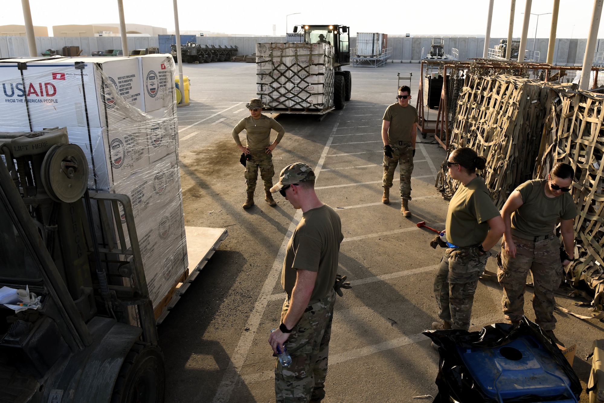 The 380th Expeditionary Logistics Readiness Squadron prepared and palletized more than 1.4 million pounds of humanitarian relief cargo, provided by the U.S. Agency for International Development, September 8-12, 2022 at Al Dhafra Air Base, United Arab Emirates. More than 40 Airmen from across the 380th ELRS pitched in to prepare palletized cargo for 14 individual C-17 Globemaster sorties to Pakistan, some flights holding as much as 90,000 pounds. Relief items included kitchen sets, shelter building kits, tarps and plastic sheeting.