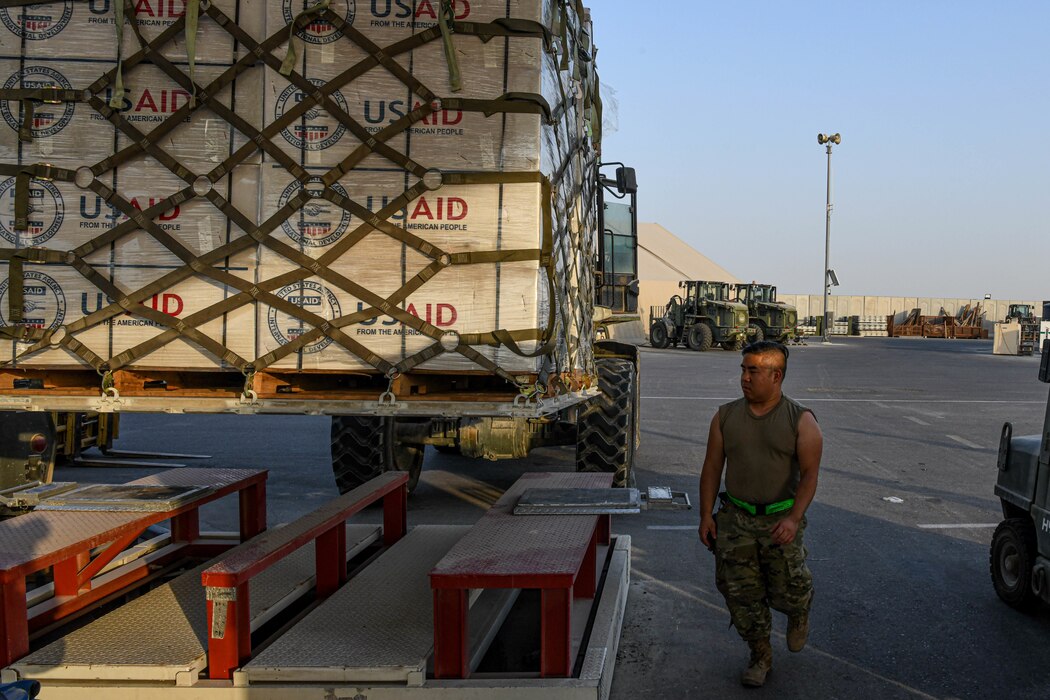 The 380th Expeditionary Logistics Readiness Squadron prepared and palletized more than 1.4 million pounds of humanitarian relief cargo, provided by the U.S. Agency for International Development, September 8-12, 2022 at Al Dhafra Air Base, United Arab Emirates. More than 40 Airmen from across the 380th ELRS pitched in to prepare palletized cargo for 14 individual C-17 Globemaster sorties to Pakistan, some flights holding as much as 90,000 pounds. Relief items included kitchen sets, shelter building kits, tarps and plastic sheeting.