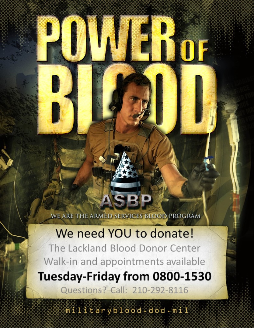 The Armed Services Blood Center at Joint Base San Antonio-Lackland urgently needs all blood types, platelets and plasma.