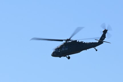 A Louisiana National Guard UH-60 Black Hawk helicopter departs a Louisiana Army National Guard Aviation Support Facility in Hammond, Louisiana, to assist with Hurricane Ian response efforts in Florida Sept. 28, 2022. At the request of the Florida Department of Emergency Management, the LANG is deploying personnel and equipment to help the Florida National Guard respond to the hurricane.