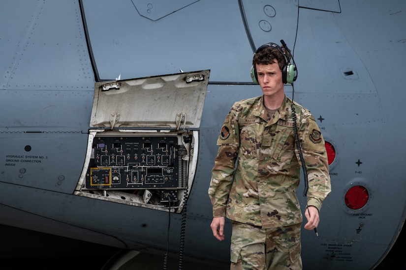 An Airman prepares an aircraft for relocation.